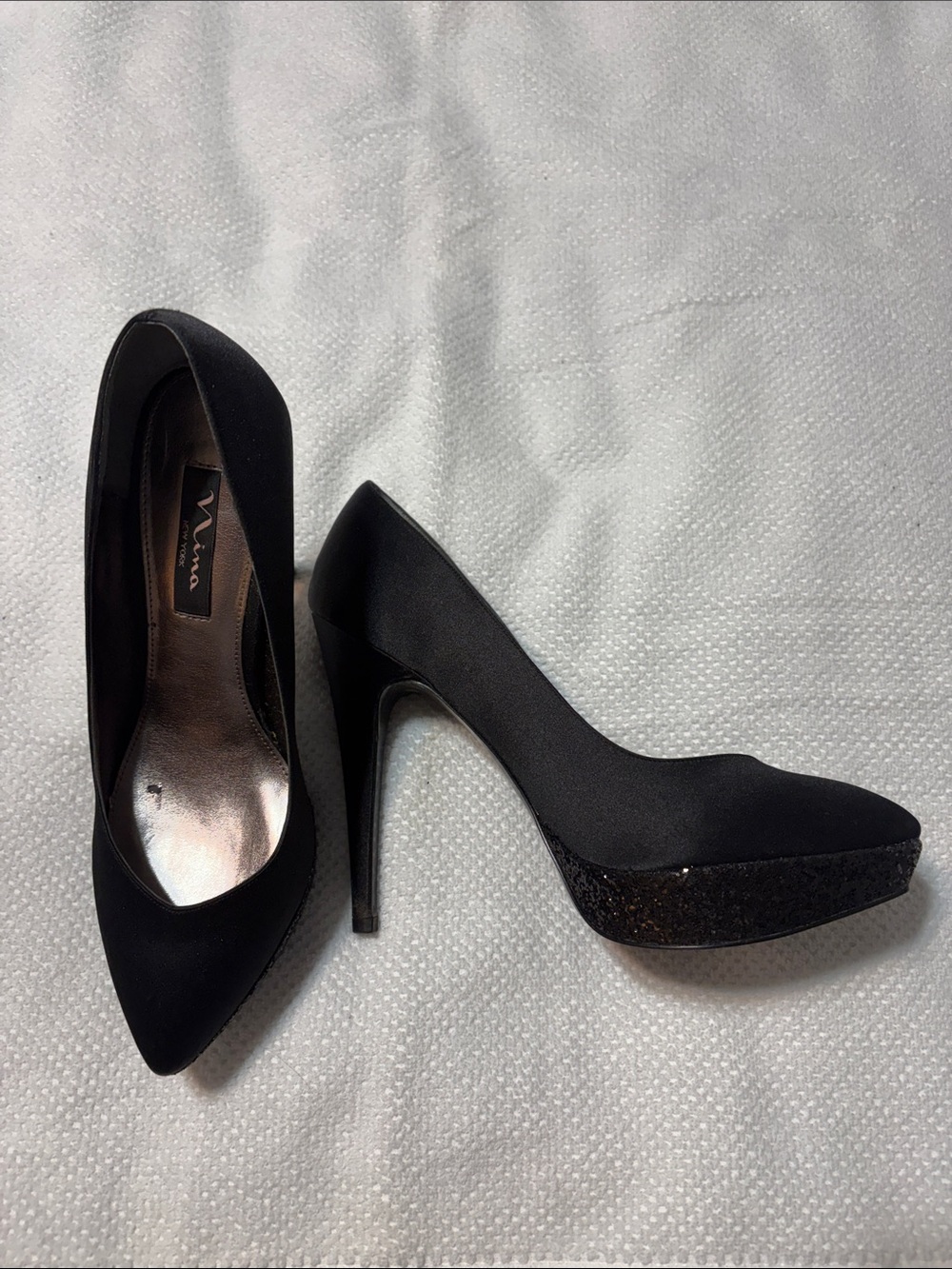 Nina Black Satin Pointed Platform Stiletto Pumps